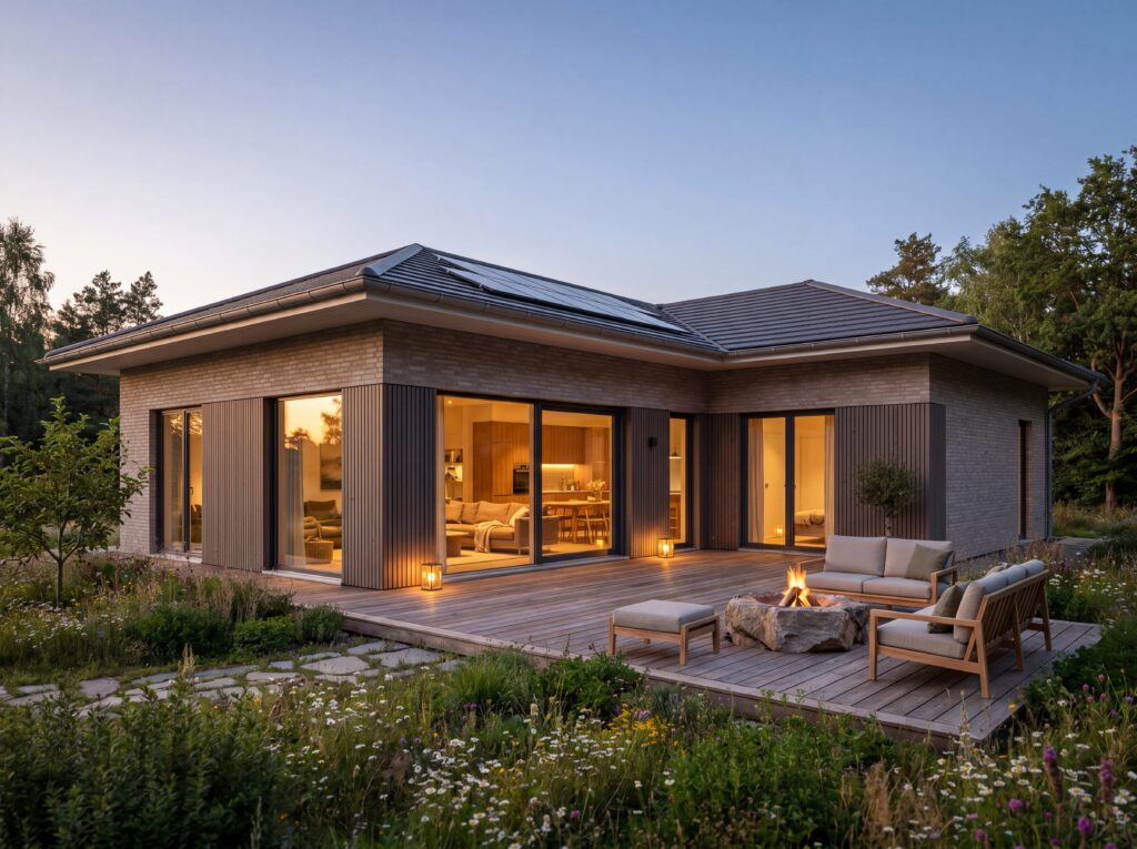 Bungalow Terra mit Walmdach, Photovoltaik, Klinkerfassade, Holzterrasse, Feuerstelle und naturnahem Garten