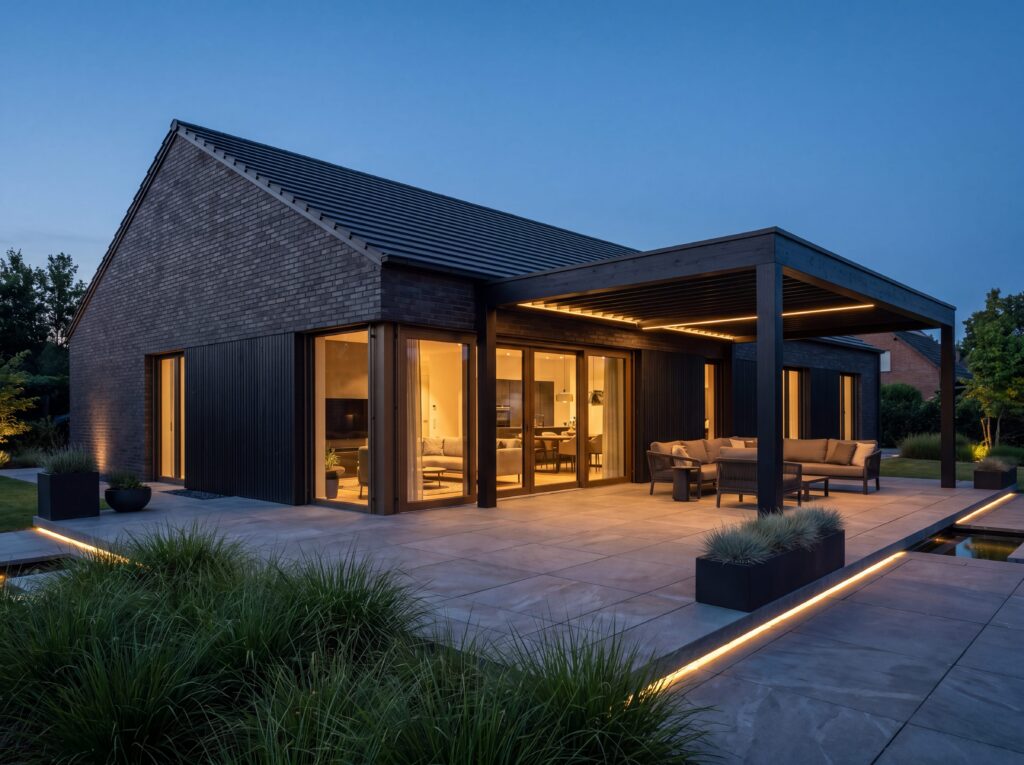 Bungalow Terra mit Satteldach, dunkler Klinkerfassade, großer überdachter Terrasse und moderner Außenbeleuchtung bei Abendstimmung