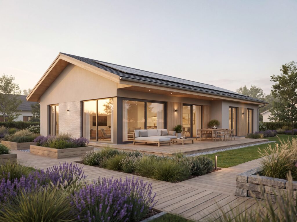 Bungalow Terra mit Satteldach, Photovoltaik, heller Klinkerfassade, Holzterrasse und naturnahem Garten mit Lavendel