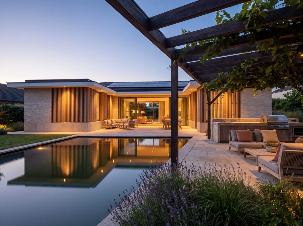 Bungalow Terra mit Klinkerfassade, Photovoltaik, Wasserfläche, Pergola, Outdoor-Küche und beleuchtetem Innenhof
