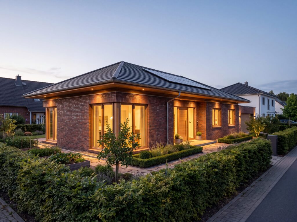Bungalow Terra mit Walmdach, Photovoltaik, dunkler Klinkerfassade, Holzdetails, Garten und beleuchteter Eingangsansicht