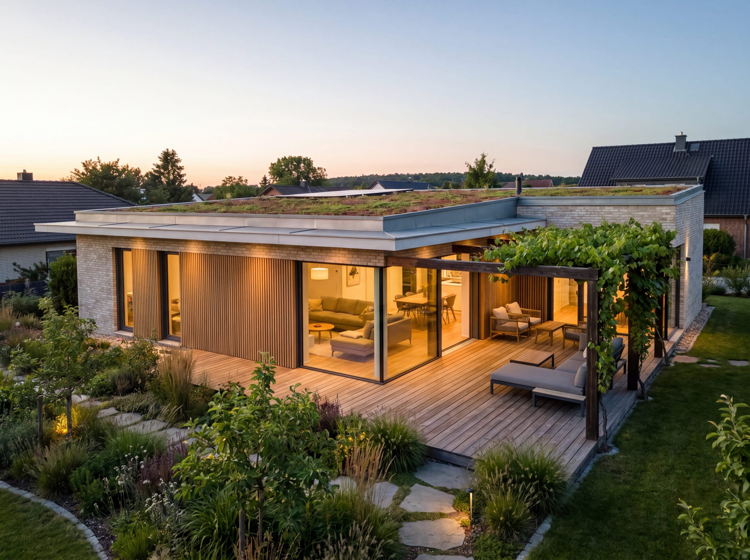 Moderner Bungalow Terra mit begrüntem Flachdach, Klinkerfassade, Holzterrasse, Glasfronten und Pergola im Garten