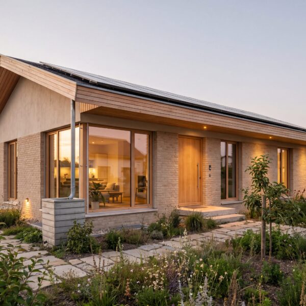 Bungalow Terra mit Satteldach, Photovoltaik, heller Klinkerfassade, Holzdetails und einladendem Eingangsbereich