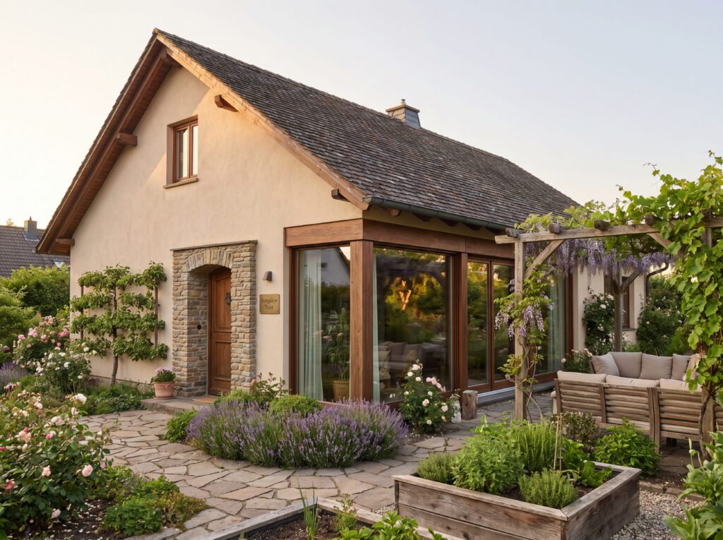 Bungalow Trier mit Wintergartenanbau, Pergola und naturnah gestaltetem Garten.