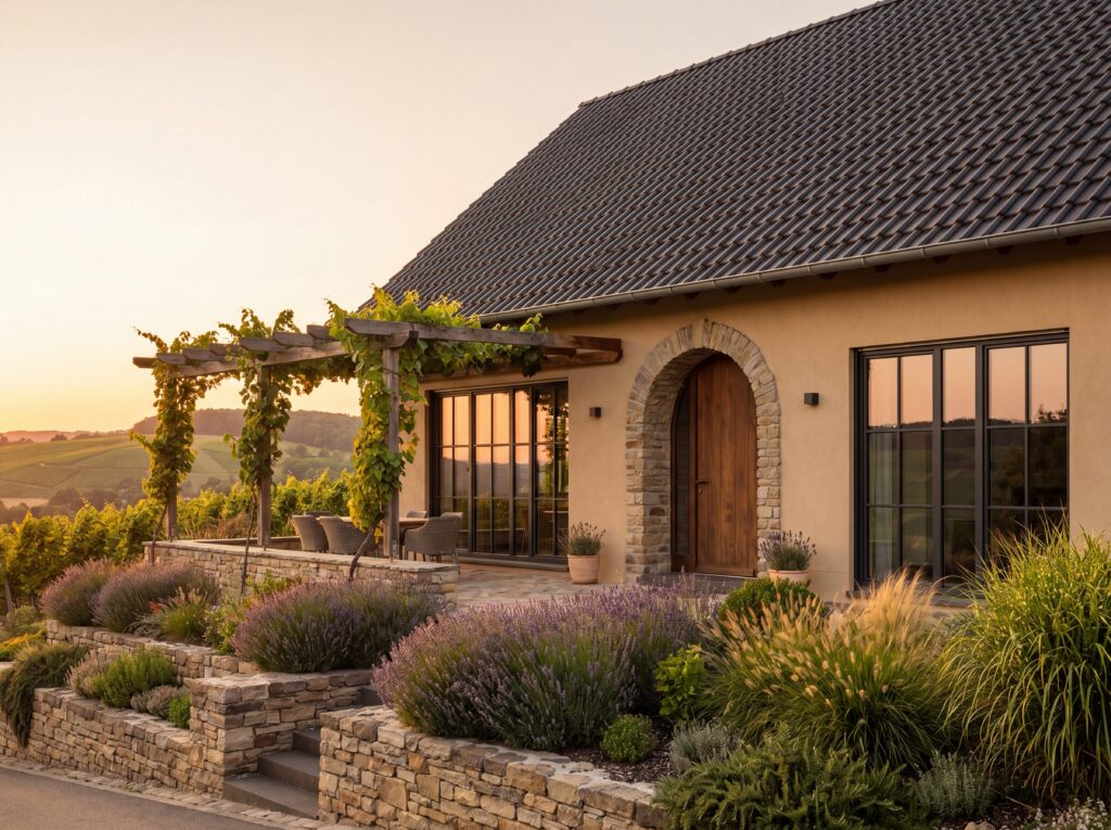 Bungalow Trier mit Natursteinmauer, Pergola und Blick in die Landschaft bei Sonnenuntergang.