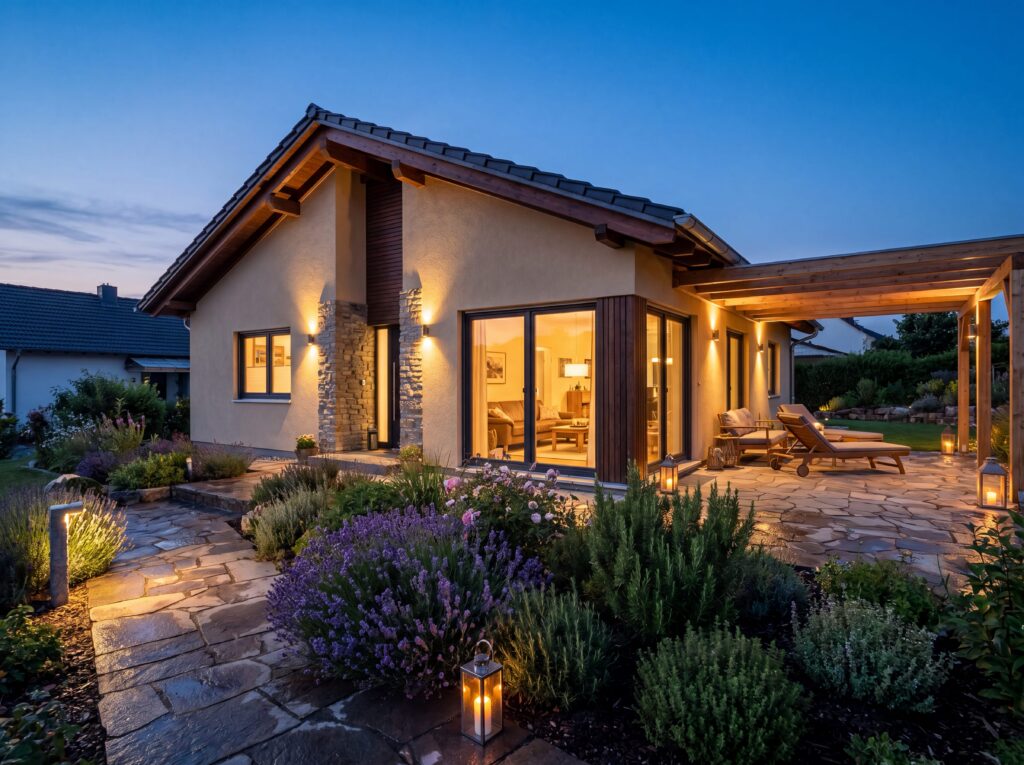 Bungalow Trier bei Abenddämmerung mit beleuchteter Terrasse, Pergola und gepflegtem Garten.