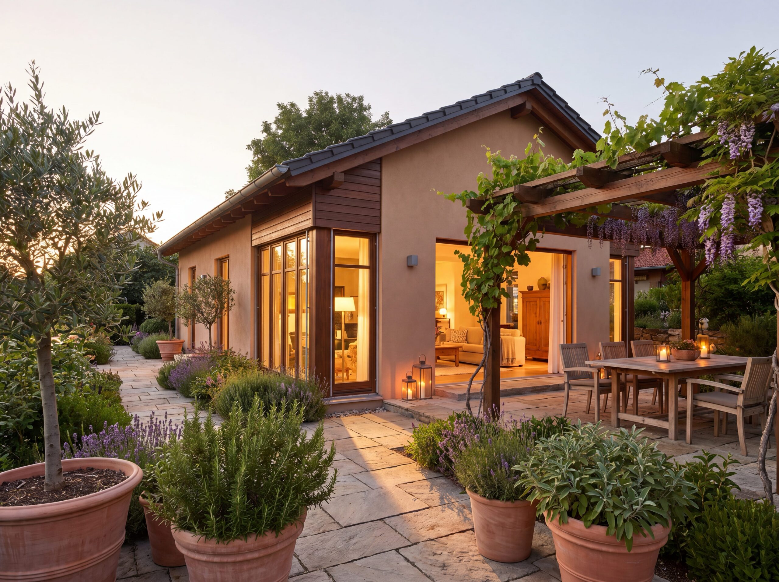 Bungalow Trier mit Pergola, großen Fensterflächen und gemütlicher Terrasse im Abendlicht.