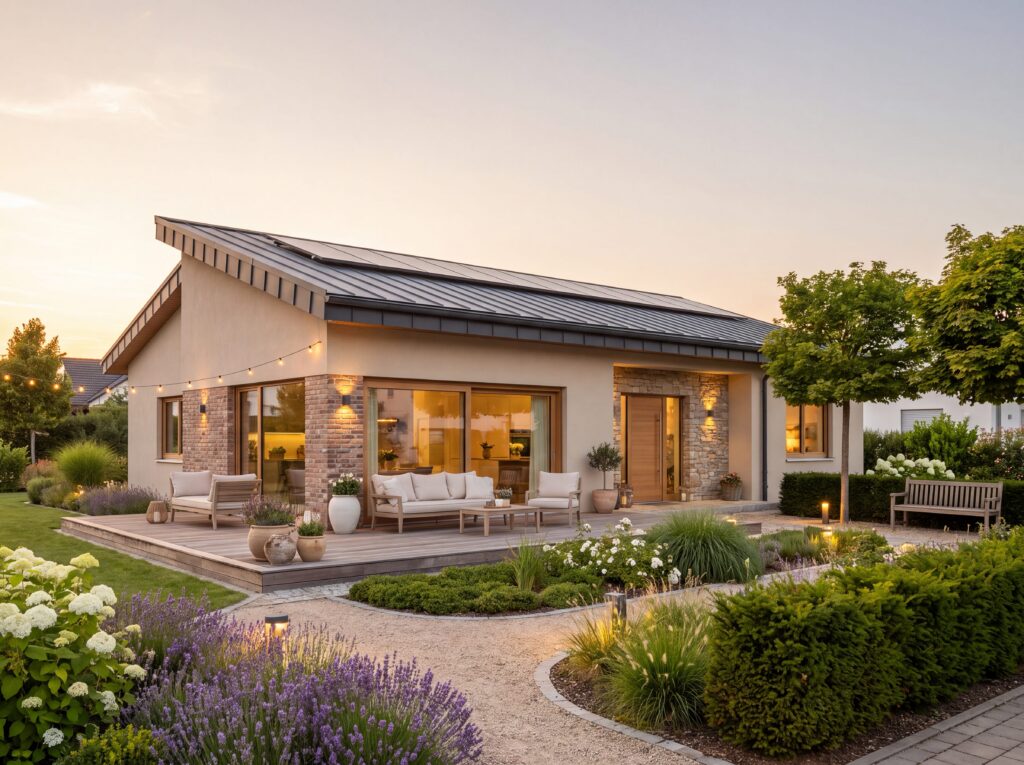Moderner Bungalow Homburg mit Terrasse, Solardach und liebevoll angelegtem Garten in der Abendstimmung.