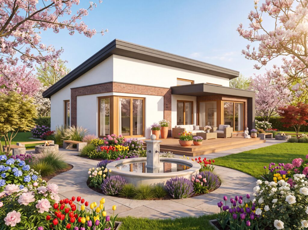 Bungalow Homburg mit blühendem Frühlingsgarten, Rundbrunnen und sonniger Holzterrasse.