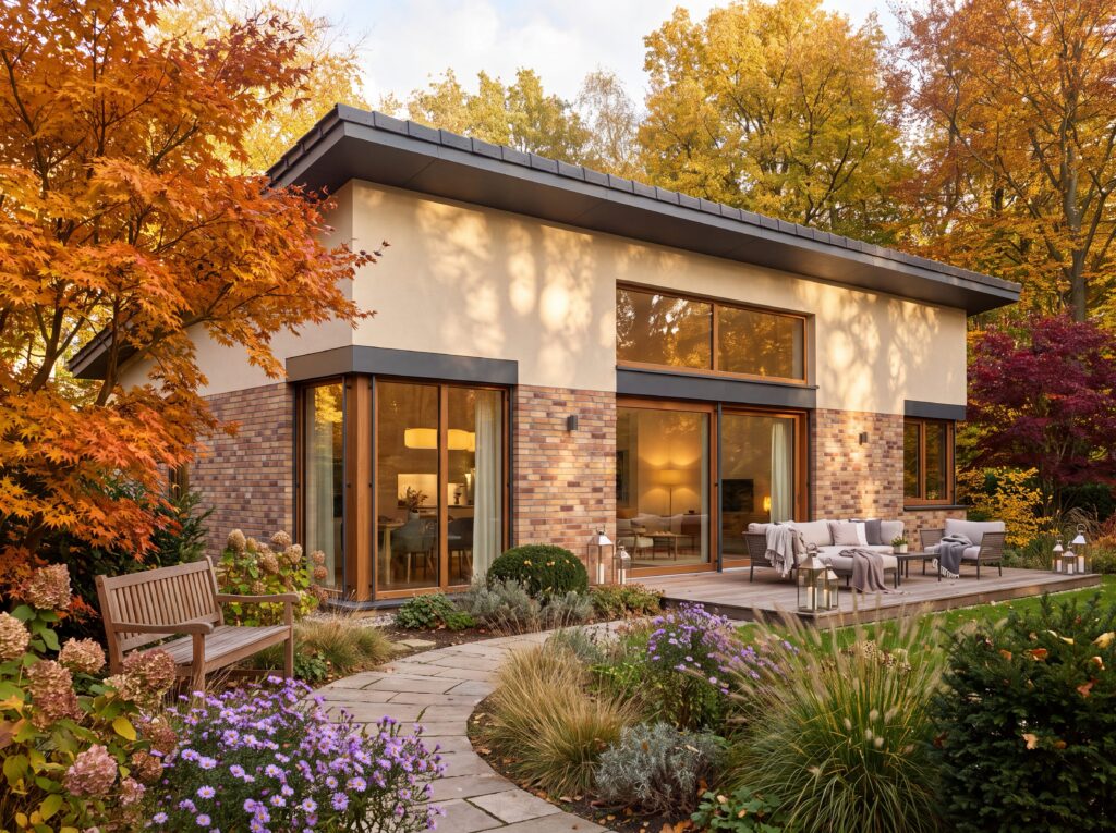 Bungalow Homburg im Herbst mit warmer Fassadengestaltung, Holzterrasse und farbenfrohem Garten.