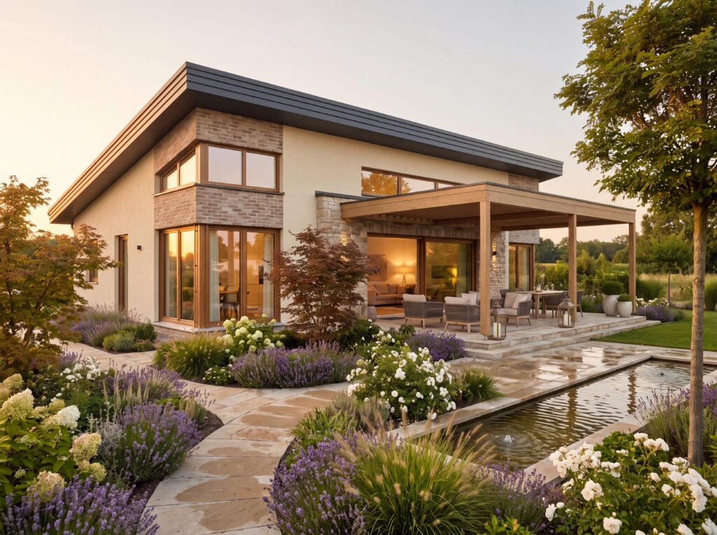 Bungalow Homburg mit überdachter Terrasse, Pergola und Wasserbecken im Garten.