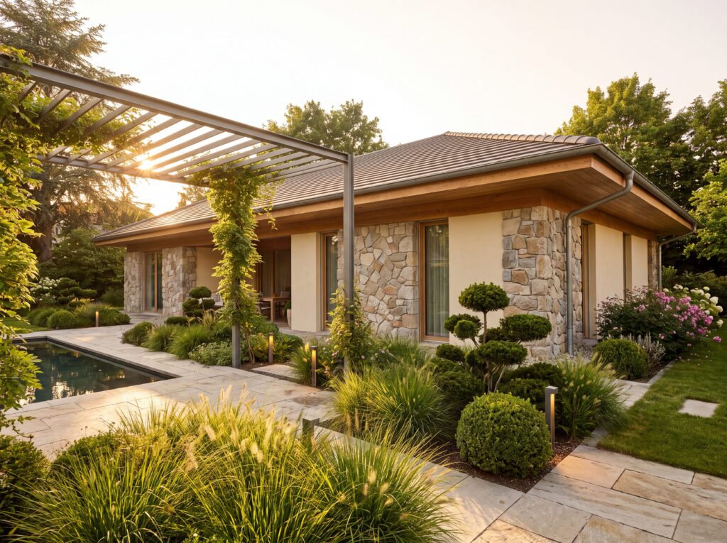 Moderner Bungalow Konstanz mit Natursteinfassade, Holzdetails und stilvoll angelegtem Garten am Wasserbecken