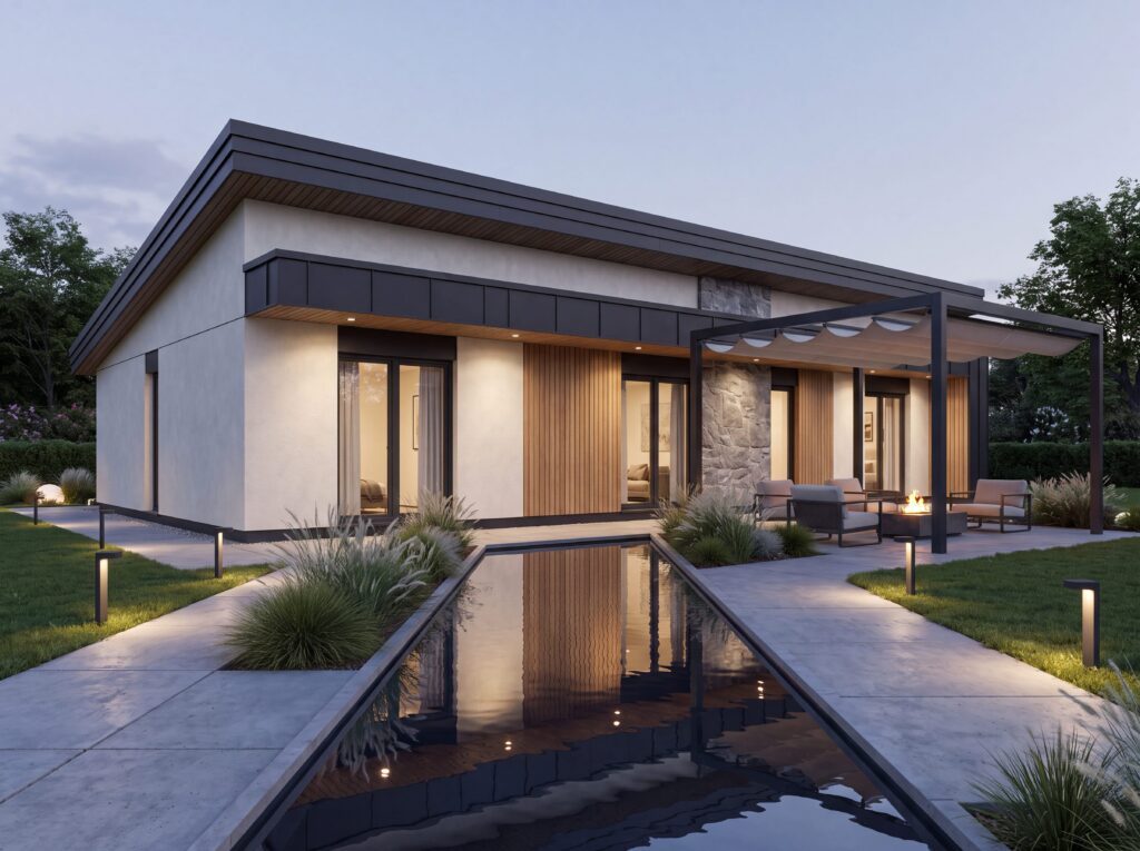 Bungalow Konstanz bei Abenddämmerung mit geradliniger Architektur, Terrasse und langem Wasserbecken