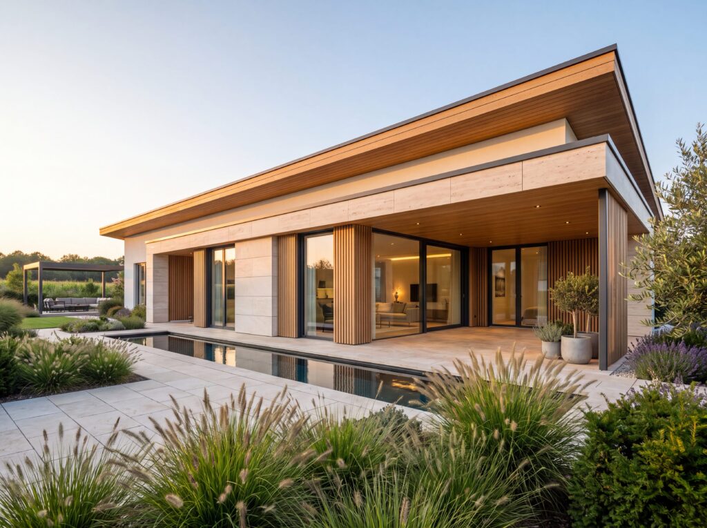 Exklusiver Bungalow Konstanz mit großzügiger Verglasung, überdachtem Terrassenbereich und modernem Wasserbecken