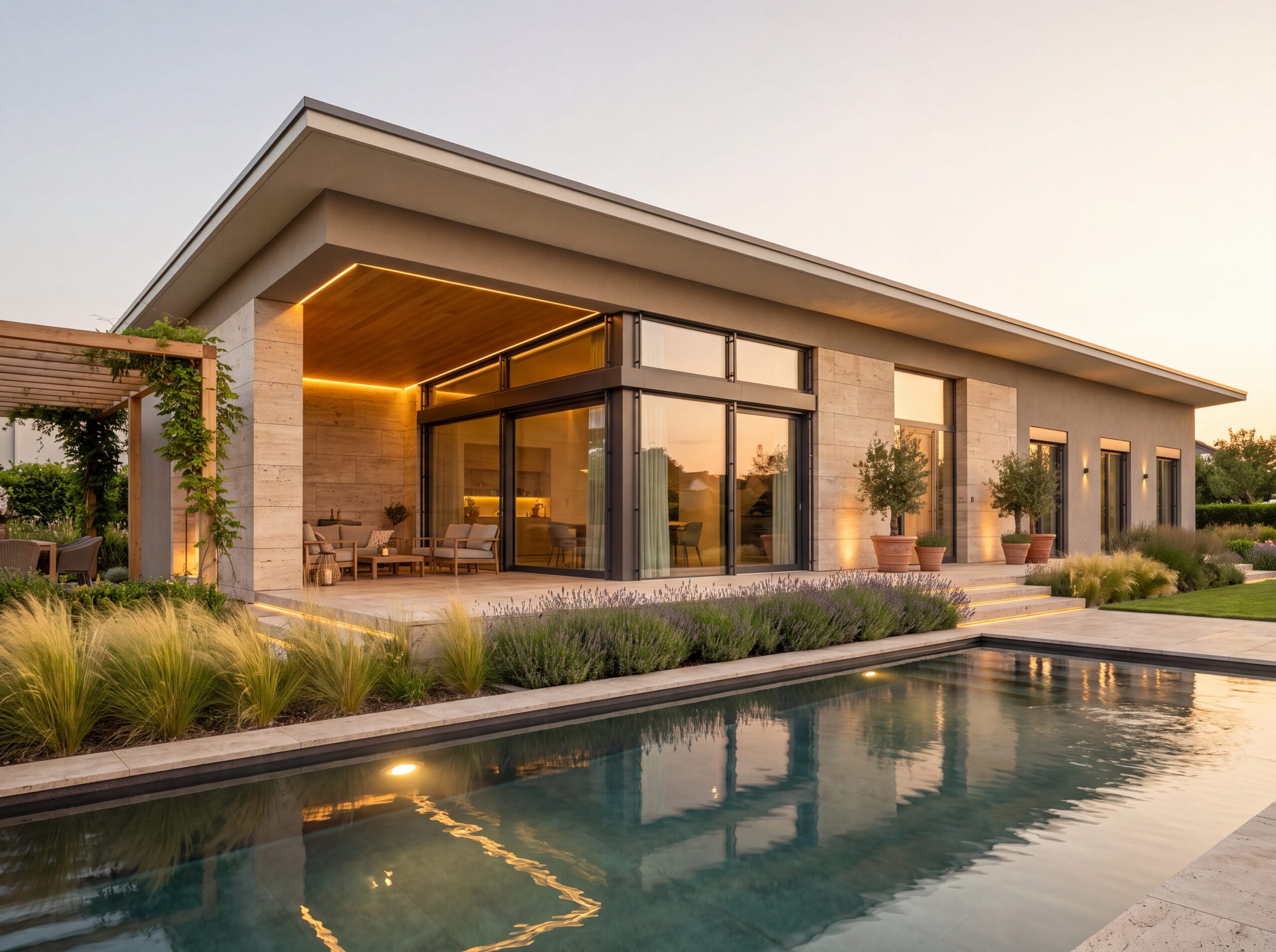 Bungalow Konstanz mit großer Glasfront, Pool und überdachtem Sitzbereich in eleganter Abendstimmung